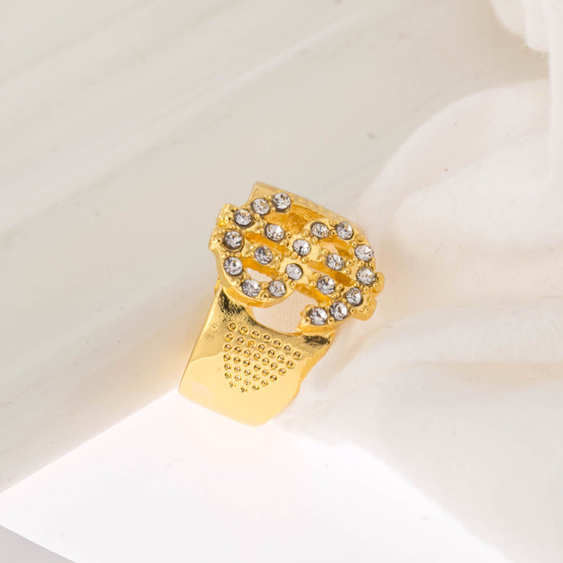 Mens Hip Hop Dollar Sign Ring With Zircon Inlaying Electroplated European Alloy Statement Ring for Men Fashion