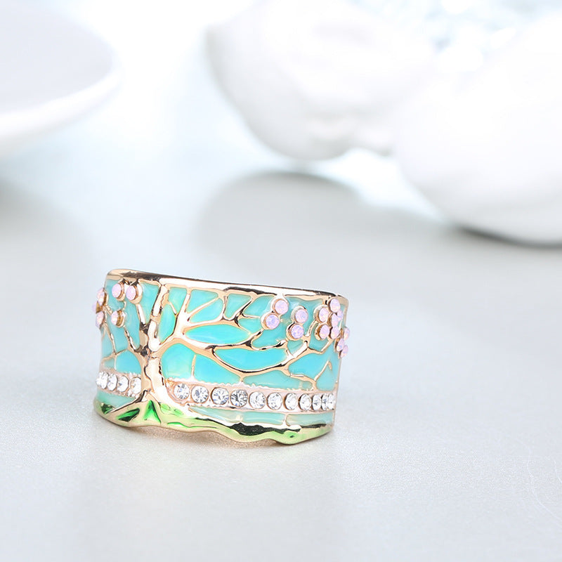 Womens Tree Leaf Ring Golden Enamel Alloy Everyday Wear