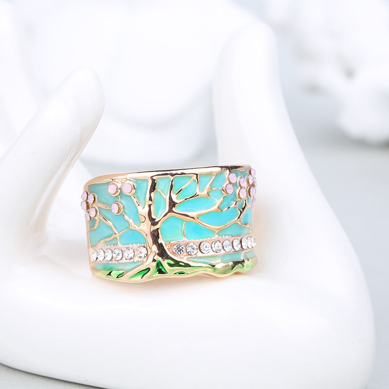 Womens Tree Leaf Ring Golden Enamel Alloy Everyday Wear