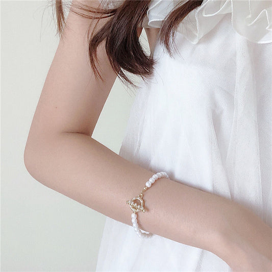Womens Baroque Pearl Bracelet Geometric Alloy Bangle