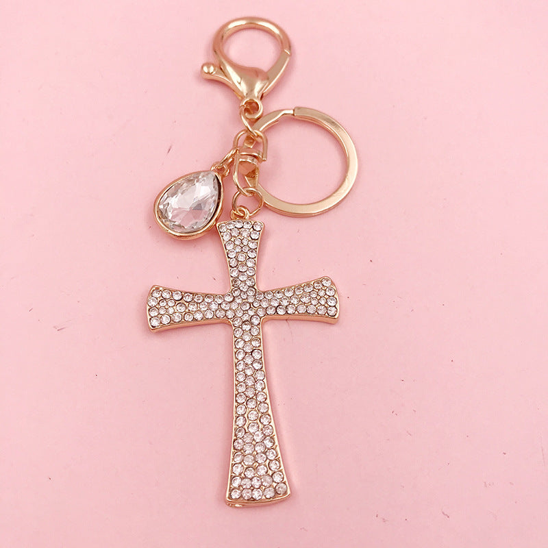 Unisex Cross Keychain Metal Pendant Water Drop Diamond Design Keyring Car Decoration Accessory Religious Gift Cross