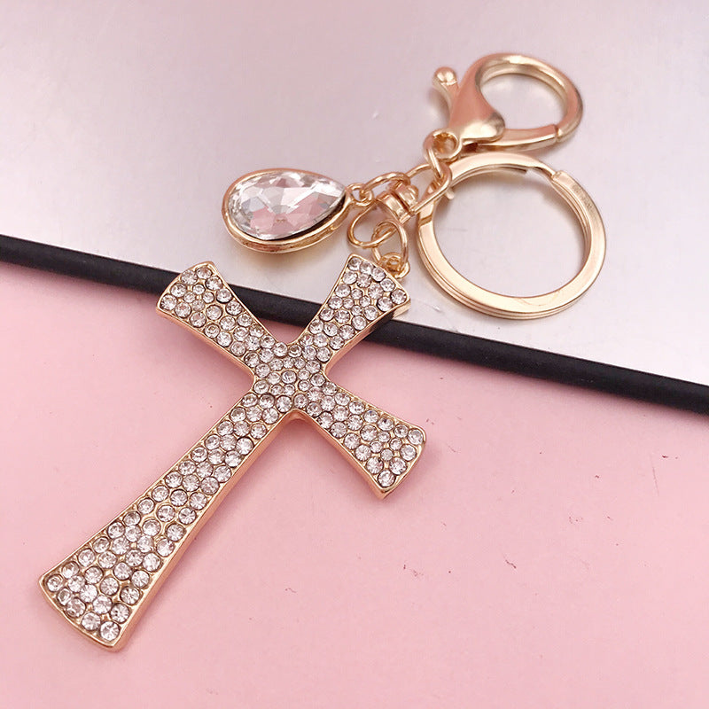 Unisex Cross Keychain Metal Pendant Water Drop Diamond Design Keyring Car Decoration Accessory Religious Gift Cross