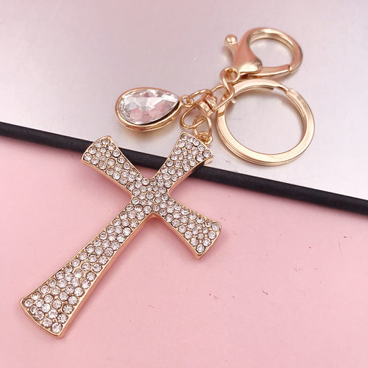 Unisex Cross Keychain Metal Pendant Water Drop Diamond Design Keyring Car Decoration Accessory Religious Gift Cross
