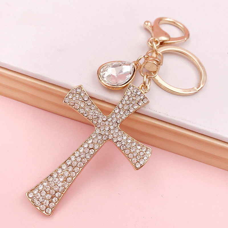 Unisex Cross Keychain Metal Pendant Water Drop Diamond Design Keyring Car Decoration Accessory Religious Gift Cross