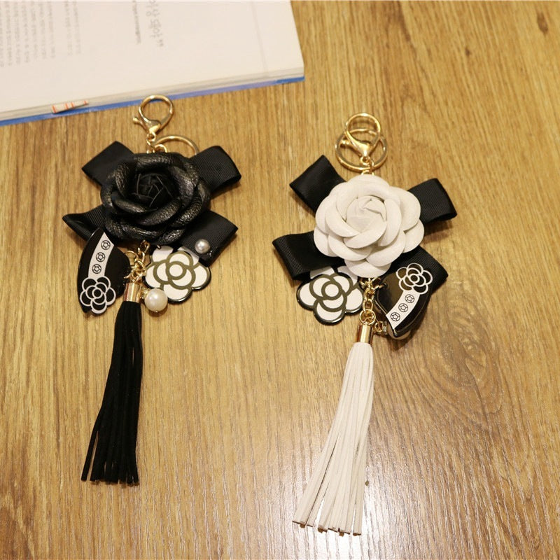 Leather Tassel Keychain Camellia Bag Charm Pendant Unisex Key Accessory Individually Packed Fashion Accessory for Women