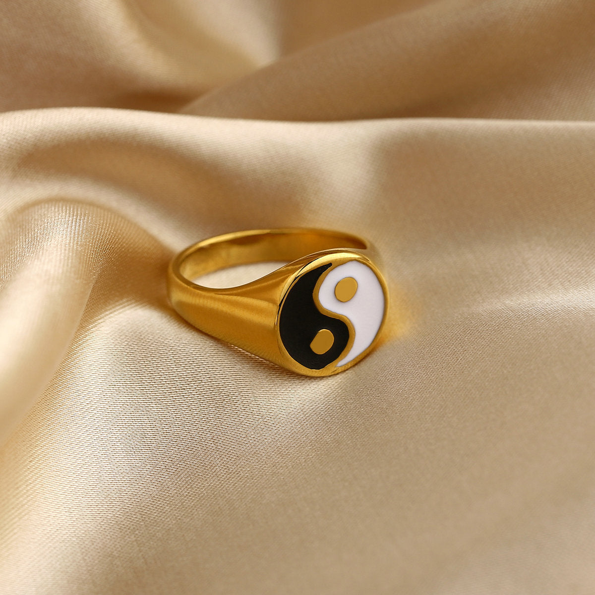 Waterproof 18K Gold Plated Stainless Steel Yin Yang Ring for Women and Girls Size 6 Size 7 and Size 8 Stainless Steel Band Ring