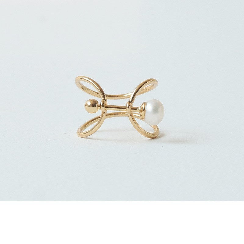 Niche Line Design Geometric Pearl Ring Brass With Real Gold Plating Adjustable Open Ring 1.5cm Wide Natural Pearl