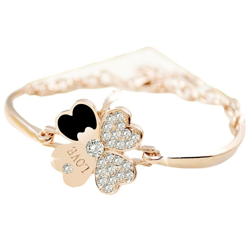 Rose Gold Four Leaf Clover Bracelet For Women Crystal Jewelry Layered Fashion Accessory With Simple Style Chic