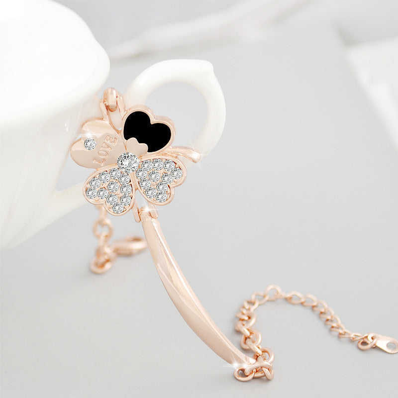 Rose Gold Four Leaf Clover Bracelet For Women Crystal Jewelry Layered Fashion Accessory With Simple Style Chic