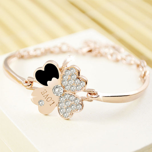 Rose Gold Four Leaf Clover Bracelet For Women Crystal Jewelry Layered Fashion Accessory With Simple Style Chic