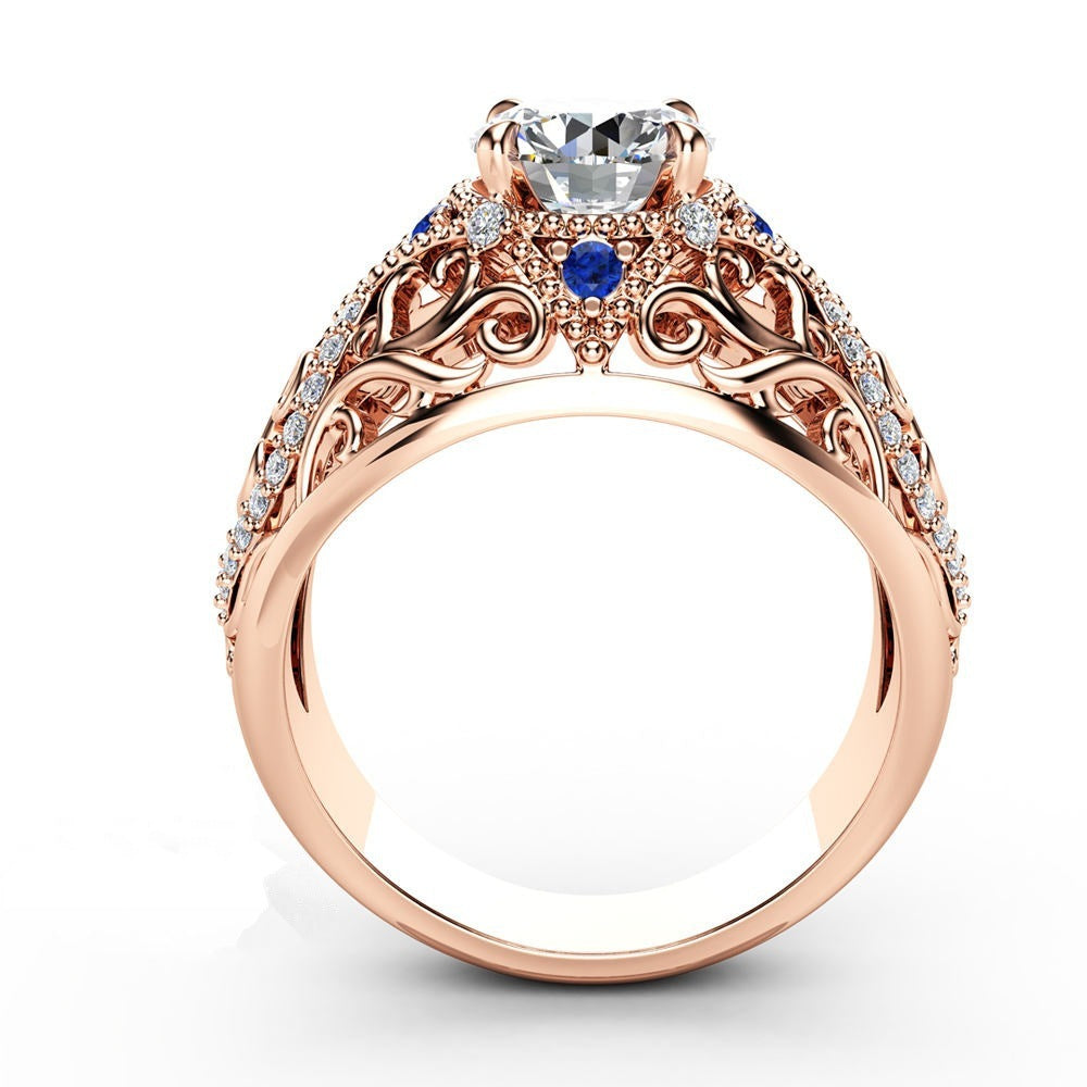 Womens Rose Gold Plated Ring Hollow Flower Design Inlaid Blue Zircon Gemstone Luxury Elegant Fashion Jewelry Gift