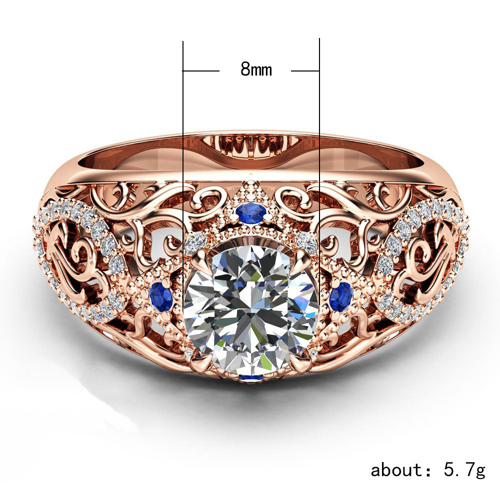 Womens Rose Gold Plated Ring Hollow Flower Design Inlaid Blue Zircon Gemstone Luxury Elegant Fashion Jewelry Gift