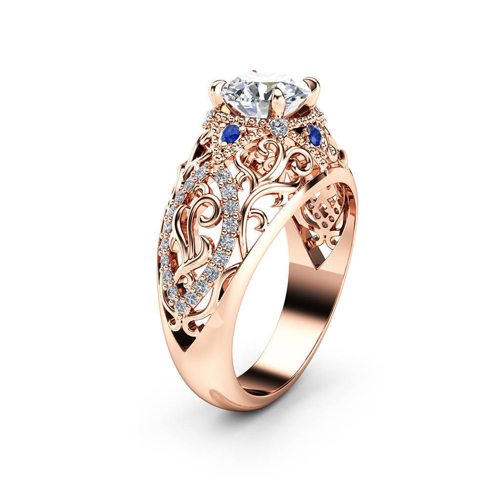 Womens Rose Gold Plated Ring Hollow Flower Design Inlaid Blue Zircon Gemstone Luxury Elegant Fashion Jewelry Gift