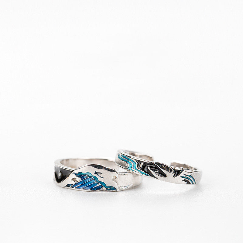 Wave Design Couple Rings Set For Him And Her Copper Epoxy Mosaic Electroplated Jewelry Elegant Couple Ring Set