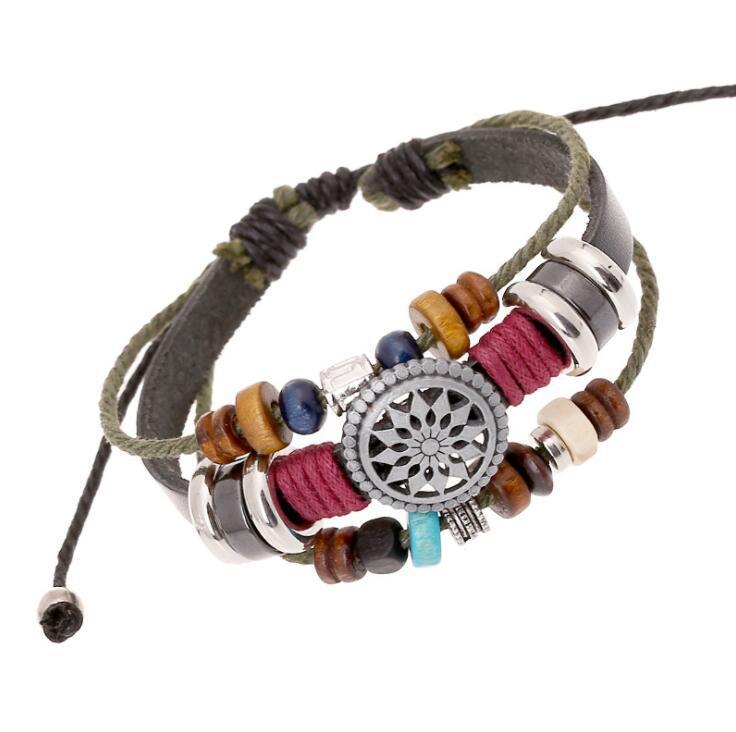 Handmade Leather Bracelet Retro Turquoise Sunflower Design Layer Braided Leather Alloy Unisex Punk Style Retro