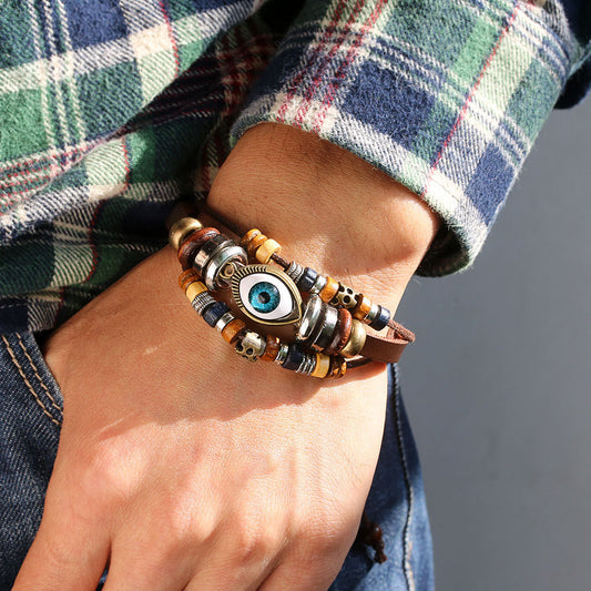 Handmade Leather Bracelet Retro Turquoise Sunflower Design Layer Braided Leather Alloy Unisex Punk Style Retro