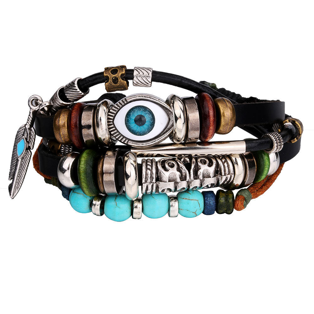 Handmade Leather Bracelet Retro Turquoise Sunflower Design Layer Braided Leather Alloy Unisex Punk Style Retro