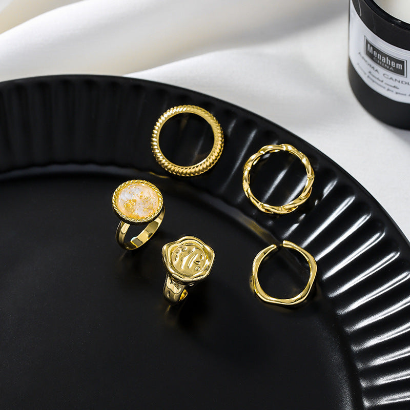 Women's Five Piece Ring Set Stackable Geometric Trendy Electroplated Niche Design Fashion Jewelry Golden Shine