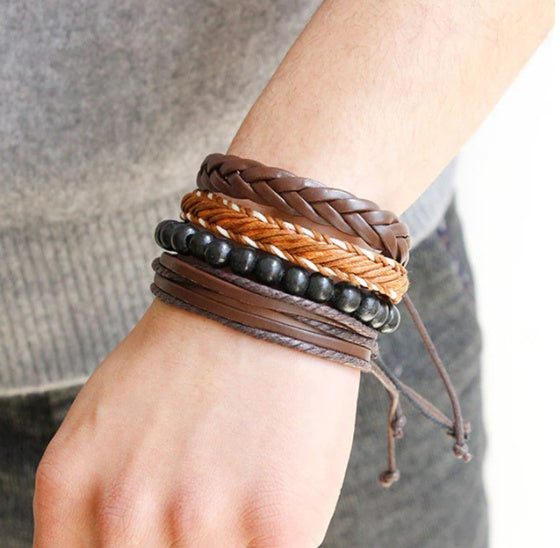 Braided Leather Bracelet With Wooden Beads Adjustable