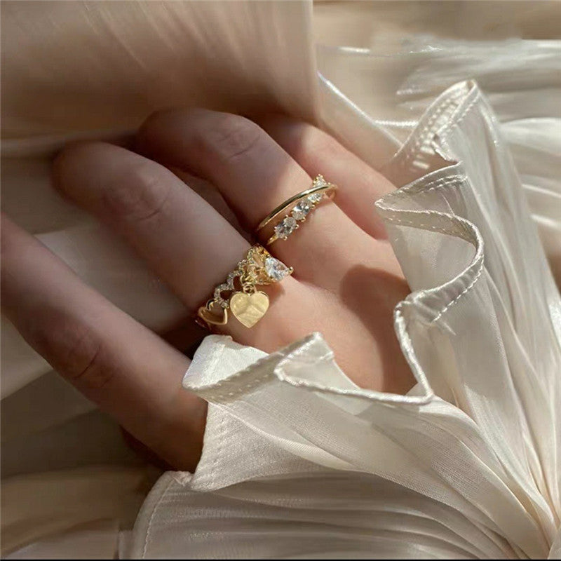 Womens Adjustable Open Heart Ring Diamond Set Copper Korean Style Elegant Fashion Jewelry Gift Exquisite Gifts