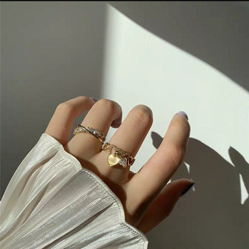 Womens Adjustable Open Heart Ring Diamond Set Copper Korean Style Elegant Fashion Jewelry Gift Exquisite Gifts