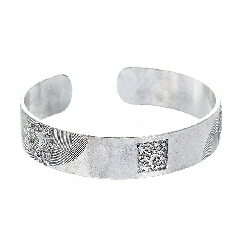 Womens Open Bangle Bracelet Carved Elephant Design Geometric Alloy National Electroplated Finish Silver Tone Shiny