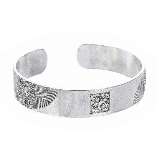 Womens Open Bangle Bracelet Carved Elephant Design Geometric Alloy National Electroplated Finish Silver Tone Shiny