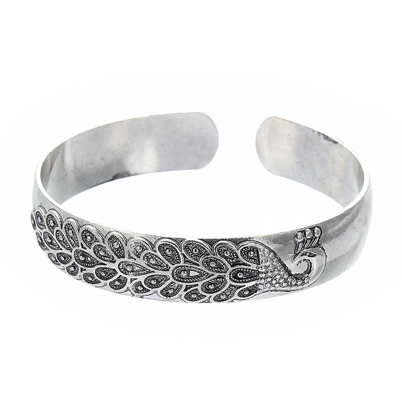 Womens Open Bangle Bracelet Carved Elephant Design Geometric Alloy National Electroplated Finish Silver Tone Shiny