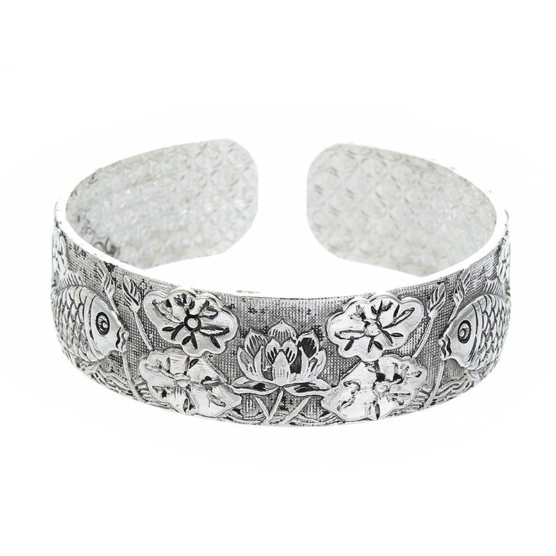 Womens Open Bangle Bracelet Carved Elephant Design Geometric Alloy National Electroplated Finish Silver Tone Shiny