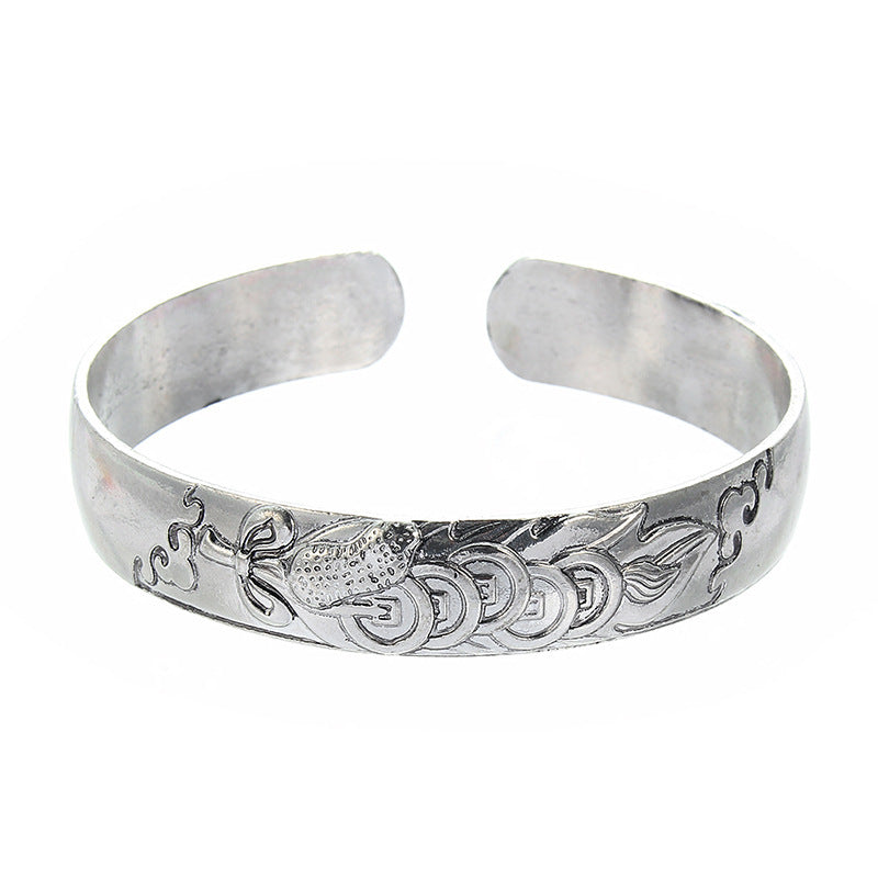Womens Open Bangle Bracelet Carved Elephant Design Geometric Alloy National Electroplated Finish Silver Tone Shiny