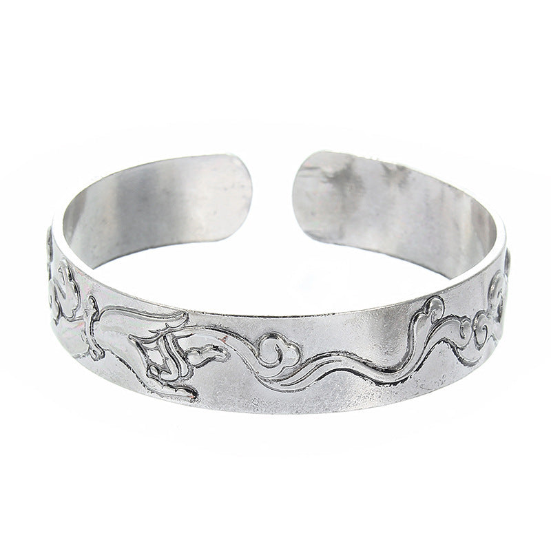 Womens Open Bangle Bracelet Carved Elephant Design Geometric Alloy National Electroplated Finish Silver Tone Shiny