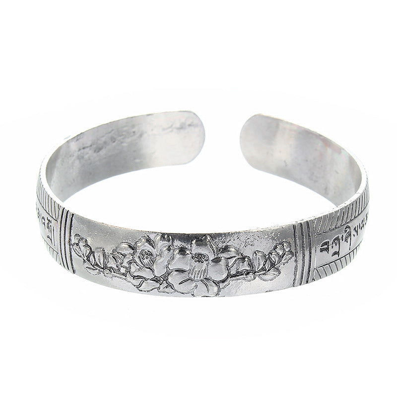 Womens Open Bangle Bracelet Carved Elephant Design Geometric Alloy National Electroplated Finish Silver Tone Shiny