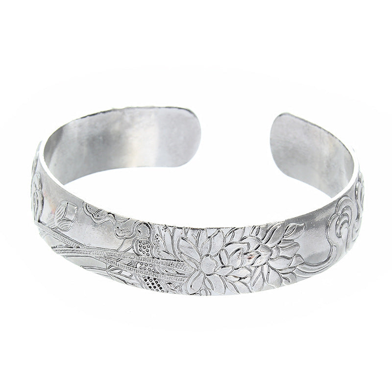 Womens Open Bangle Bracelet Carved Elephant Design Geometric Alloy National Electroplated Finish Silver Tone Shiny