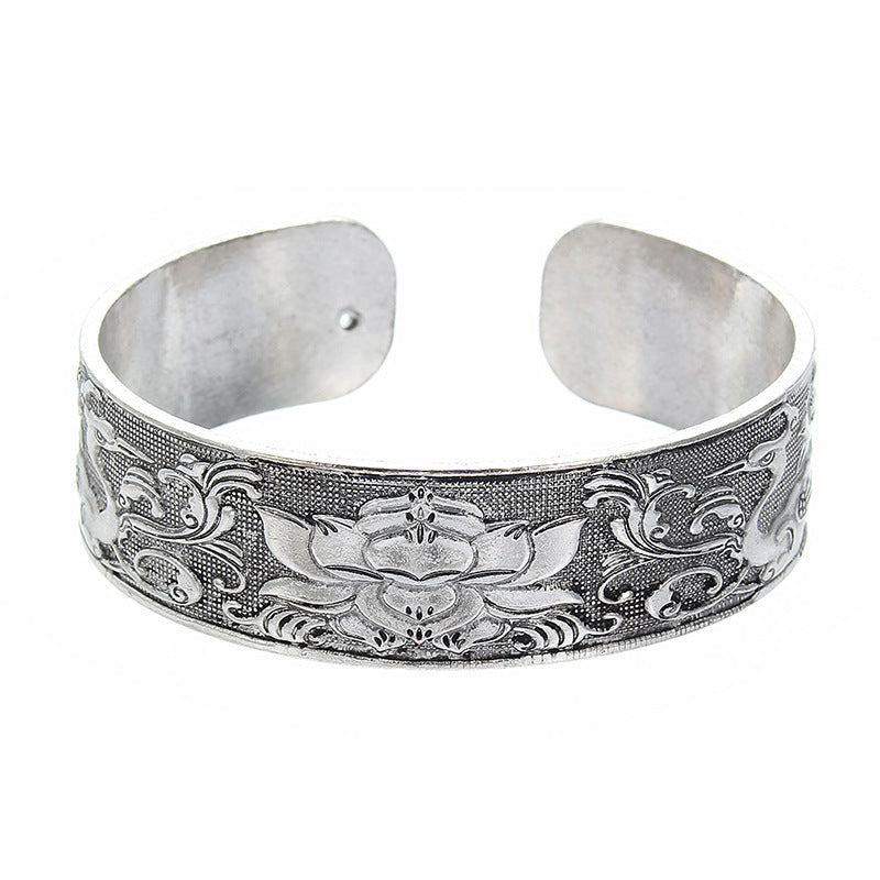 Womens Open Bangle Bracelet Carved Elephant Design Geometric Alloy National Electroplated Finish Silver Tone Shiny