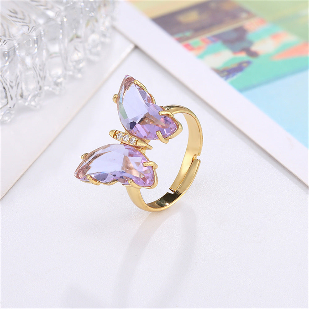 Butterfly Ring Adjustable Gold Plated Zircon Crystal Copper Inlaid Elegant Fashion Jewelry Gift For Her Always