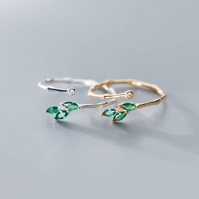 S925 Silver Ring Bamboo Leaf Design Adjustable Jewelry