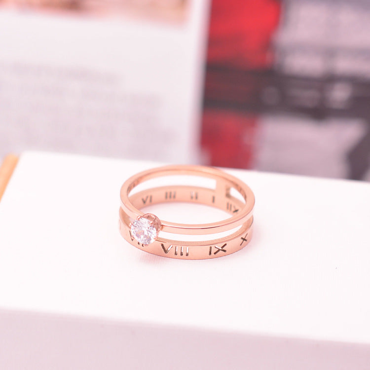 Roman Numeral Six Prong Solitaire Diamond Ring In Rose Gold Tone Titanium Steel Sizes 5 To 9 0.6cm Wide Slim Classic