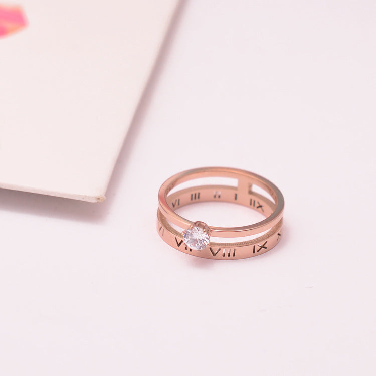 Roman Numeral Six Prong Solitaire Diamond Ring In Rose Gold Tone Titanium Steel Sizes 5 To 9 0.6cm Wide Slim Classic