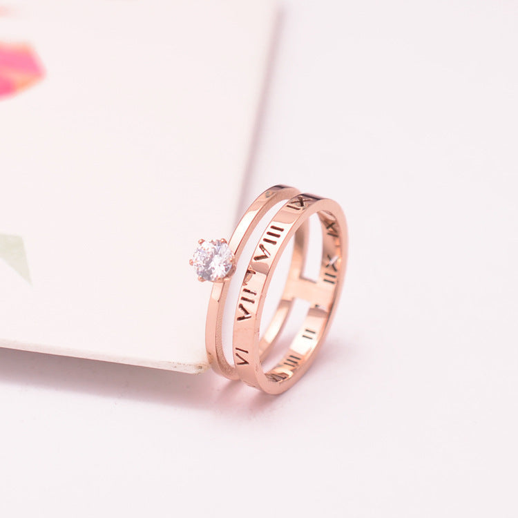 Roman Numeral Six Prong Solitaire Diamond Ring In Rose Gold Tone Titanium Steel Sizes 5 To 9 0.6cm Wide Slim Classic