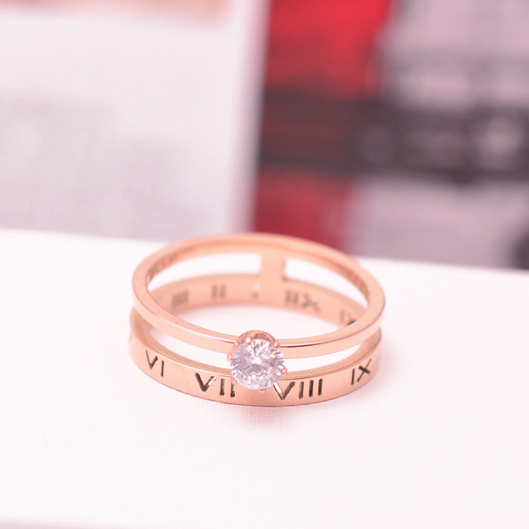 Roman Numeral Six Prong Solitaire Diamond Ring In Rose Gold Tone Titanium Steel Sizes 5 To 9 0.6cm Wide Slim Classic