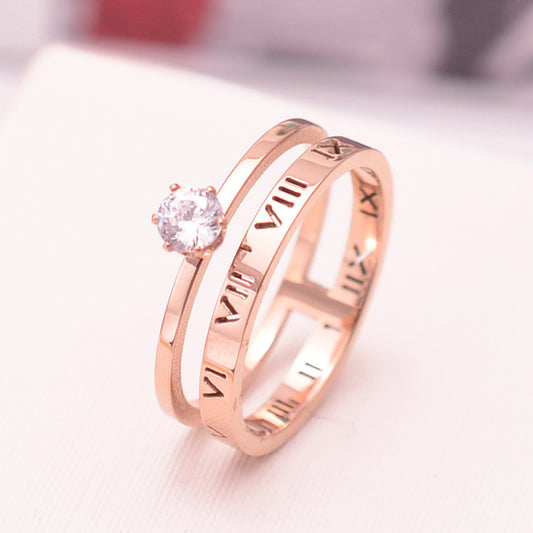 Roman Numeral Six Prong Solitaire Diamond Ring In Rose Gold Tone Titanium Steel Sizes 5 To 9 0.6cm Wide Slim Classic