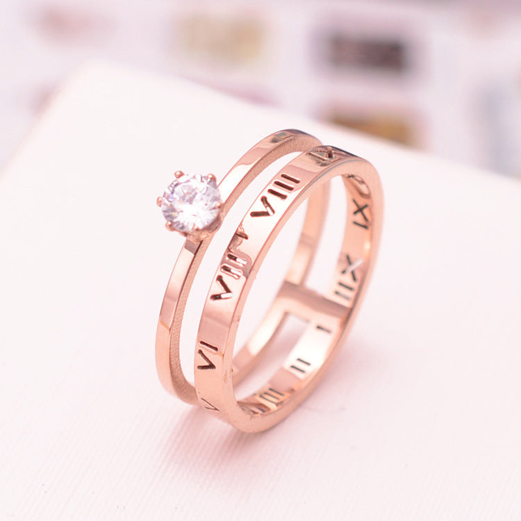 Roman Numeral Six Prong Solitaire Diamond Ring In Rose Gold Tone Titanium Steel Sizes 5 To 9 0.6cm Wide Slim Classic