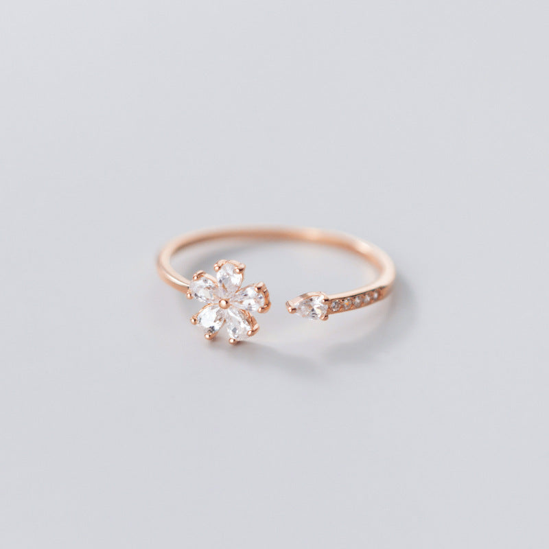 Womens Silver Ring With Diamond Five Petal Flower Design