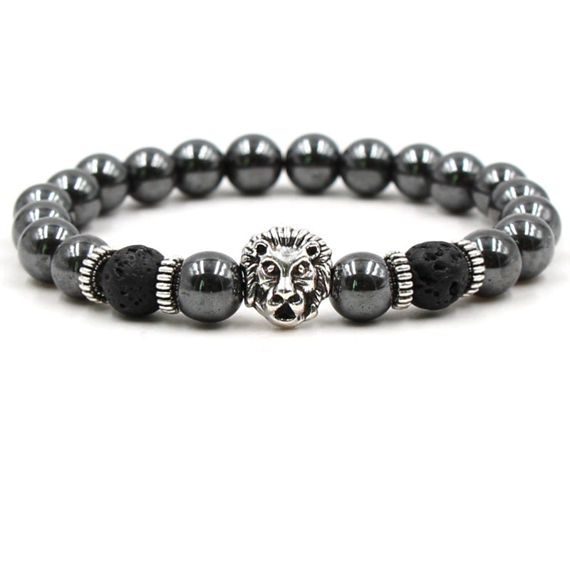 Mens Natural Volcanic Rock Bracelet With Lion Head And Leopard Head Design Elastic Geometric Style Anti Fatigue Daily