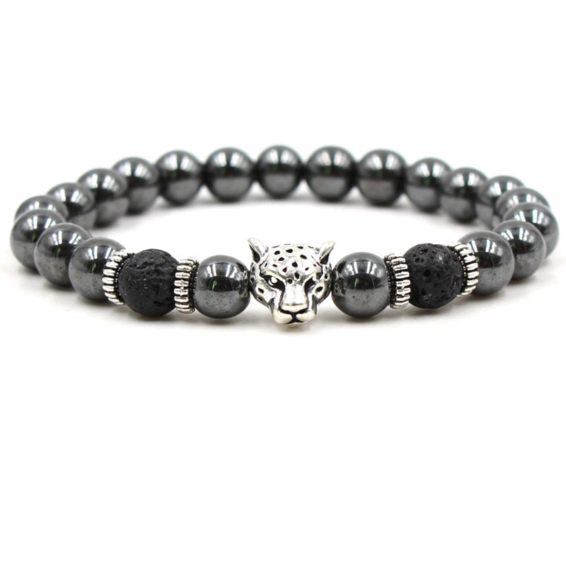 Mens Natural Volcanic Rock Bracelet With Lion Head And Leopard Head Design Elastic Geometric Style Anti Fatigue Daily