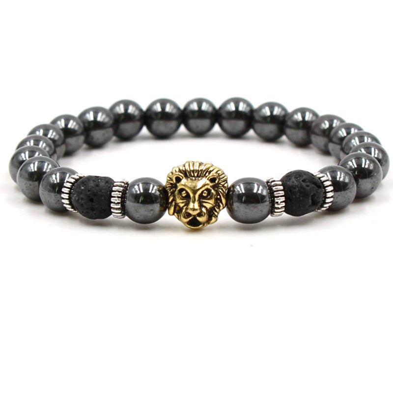 Mens Natural Volcanic Rock Bracelet With Lion Head And Leopard Head Design Elastic Geometric Style Anti Fatigue Daily