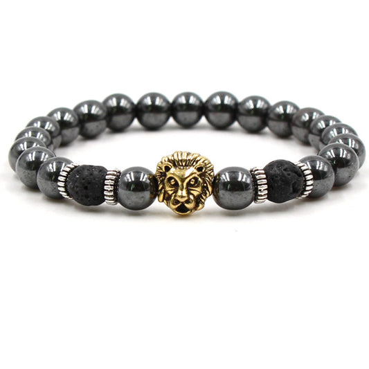 Mens Natural Volcanic Rock Bracelet With Lion Head And Leopard Head Design Elastic Geometric Style Anti Fatigue Daily