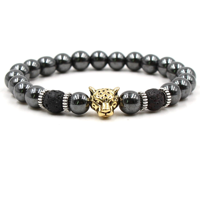Mens Natural Volcanic Rock Bracelet With Lion Head And Leopard Head Design Elastic Geometric Style Anti Fatigue Daily