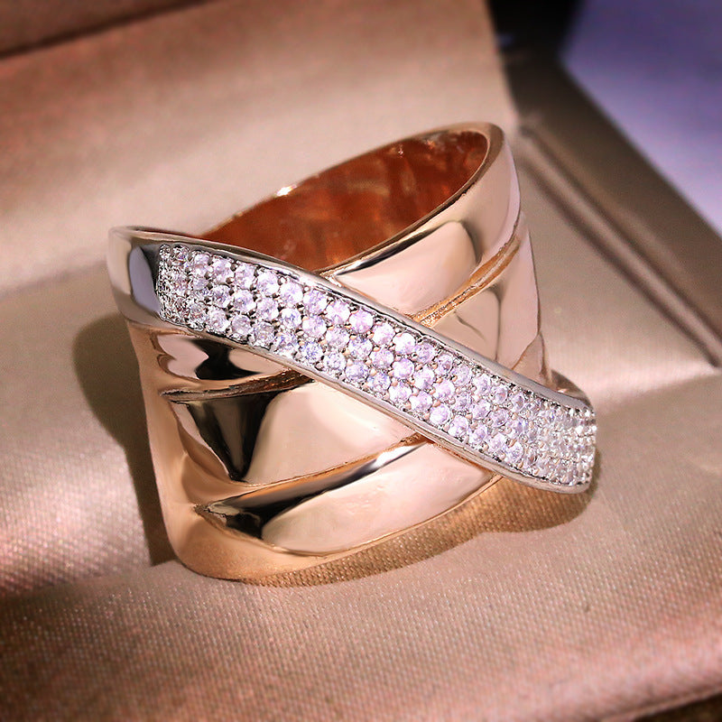 Womens Elegant Ring With Austrian Crystal Diamond Two Tone Gold Plated Geometric Wedding Engagement Jewelry Gift