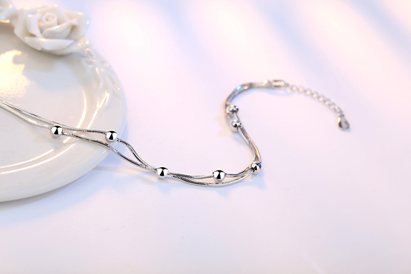 Sterling Silver Bracelet For Women And Girls With Five Point Star Ball And Square Charms Platinum Finish Shine